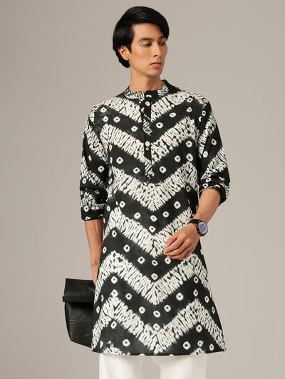Black & White Bandhani Mandarin Collar Kurta