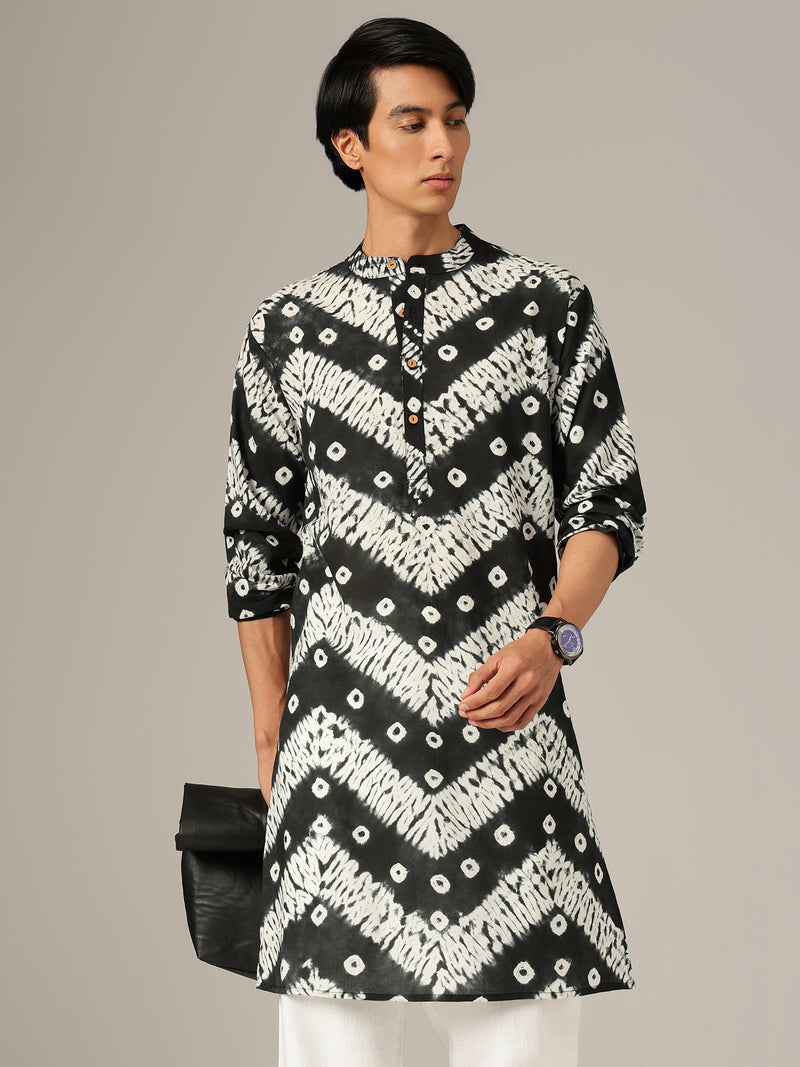 Black & White Bandhani Mandarin Collar Kurta