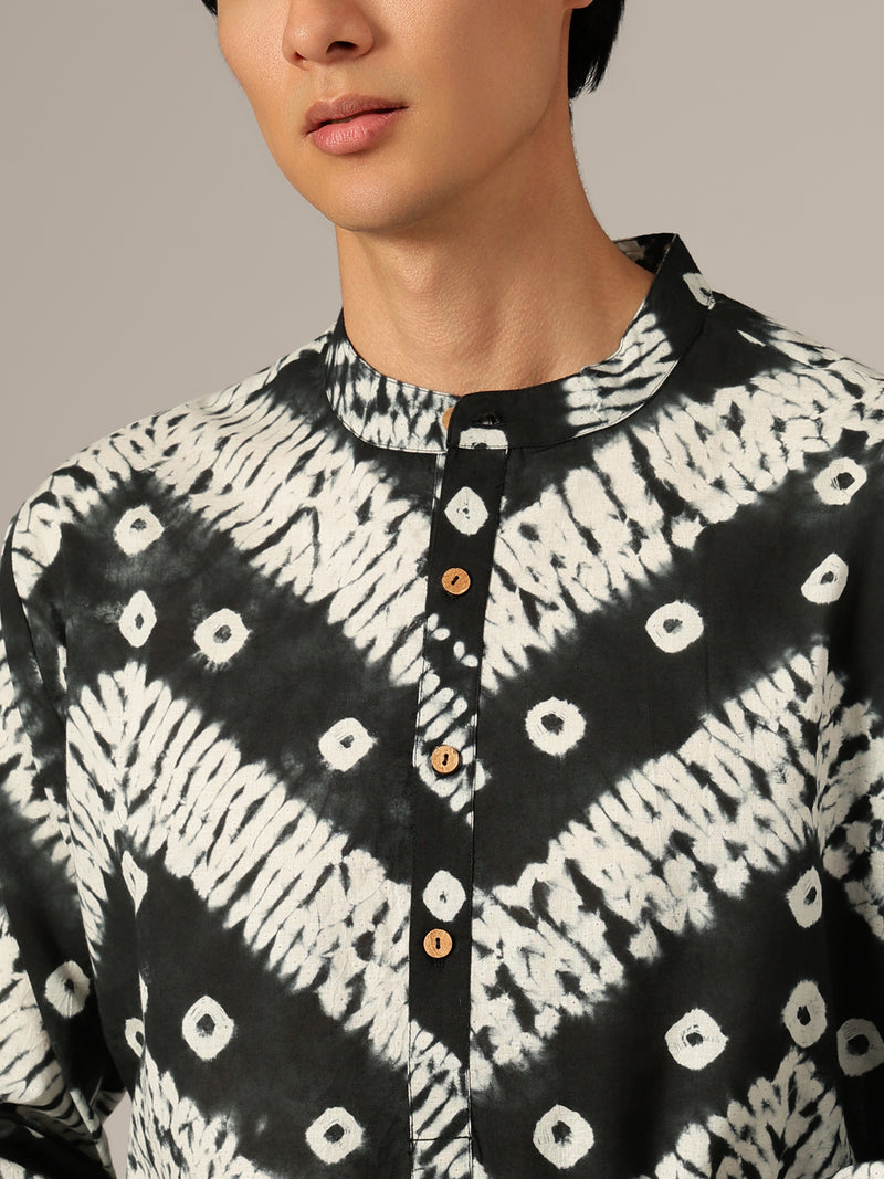 Black & White Bandhani Mandarin Collar Kurta