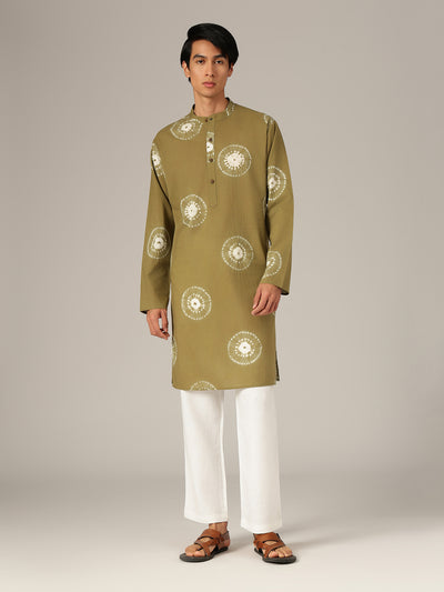 Olive & White: Bandhani Sustainable Mandarin Collar Kurta