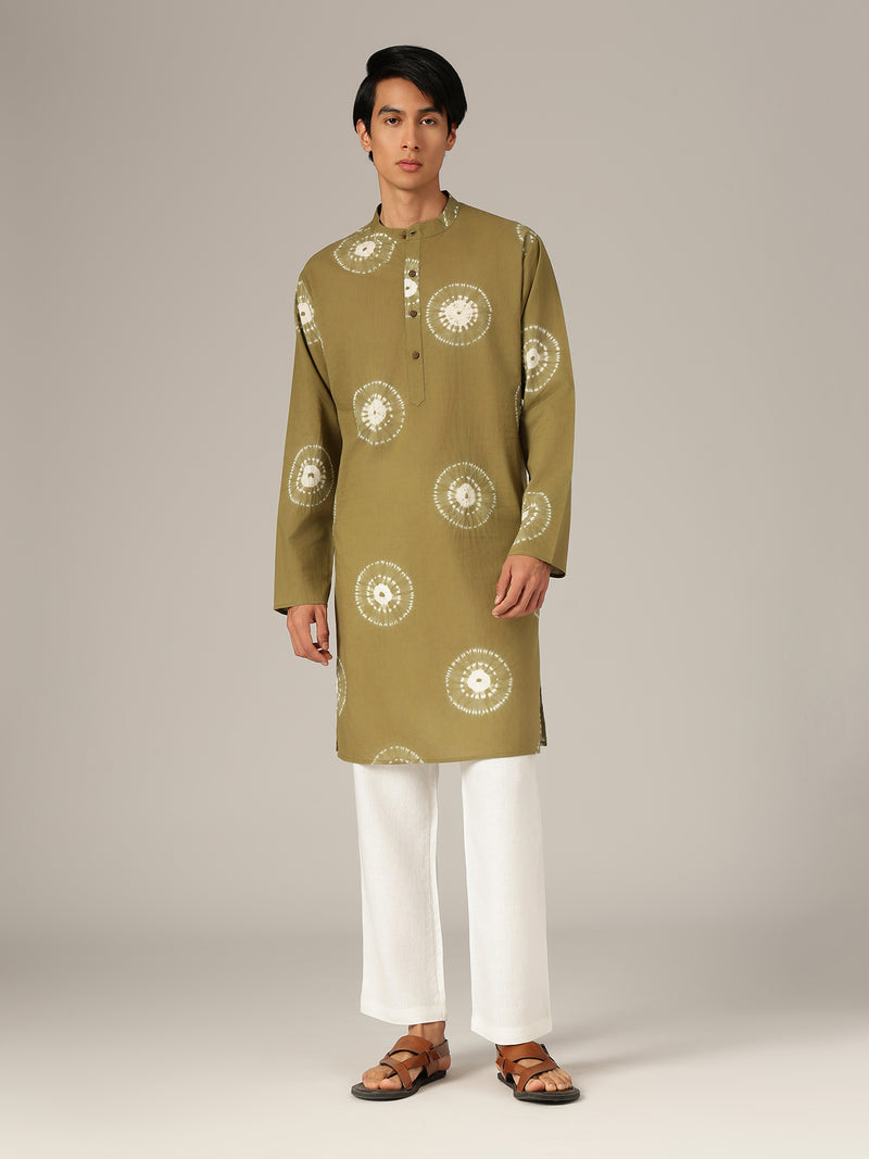 Olive & White: Bandhani Sustainable Mandarin Collar Kurta