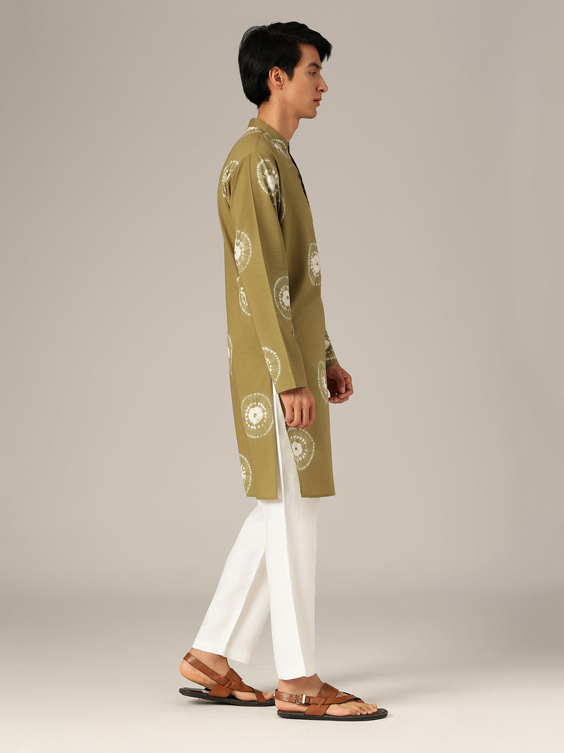 Olive & White: Bandhani Sustainable Mandarin Collar Kurta