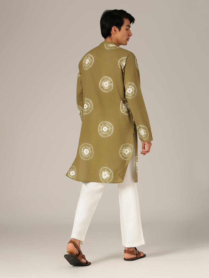 Olive & White: Bandhani Sustainable Mandarin Collar Kurta