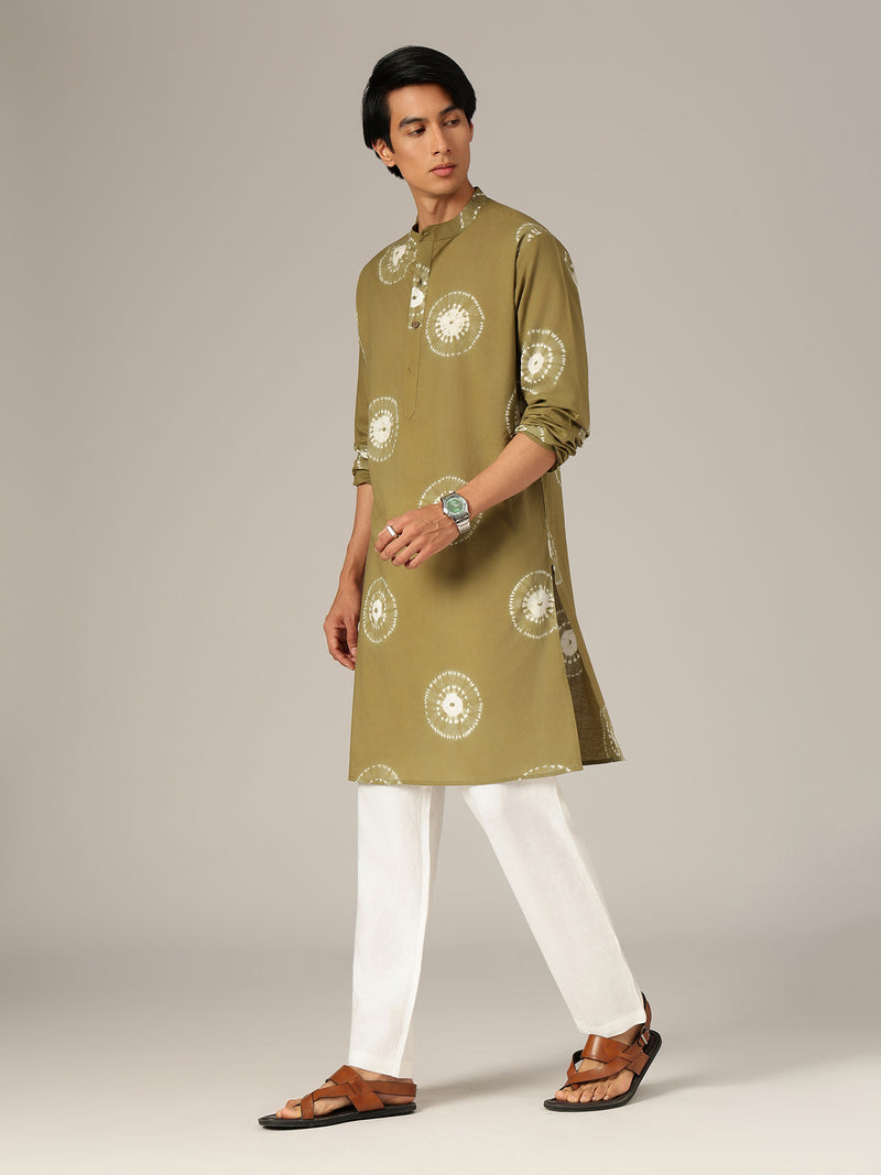Olive & White: Bandhani Sustainable Mandarin Collar Kurta