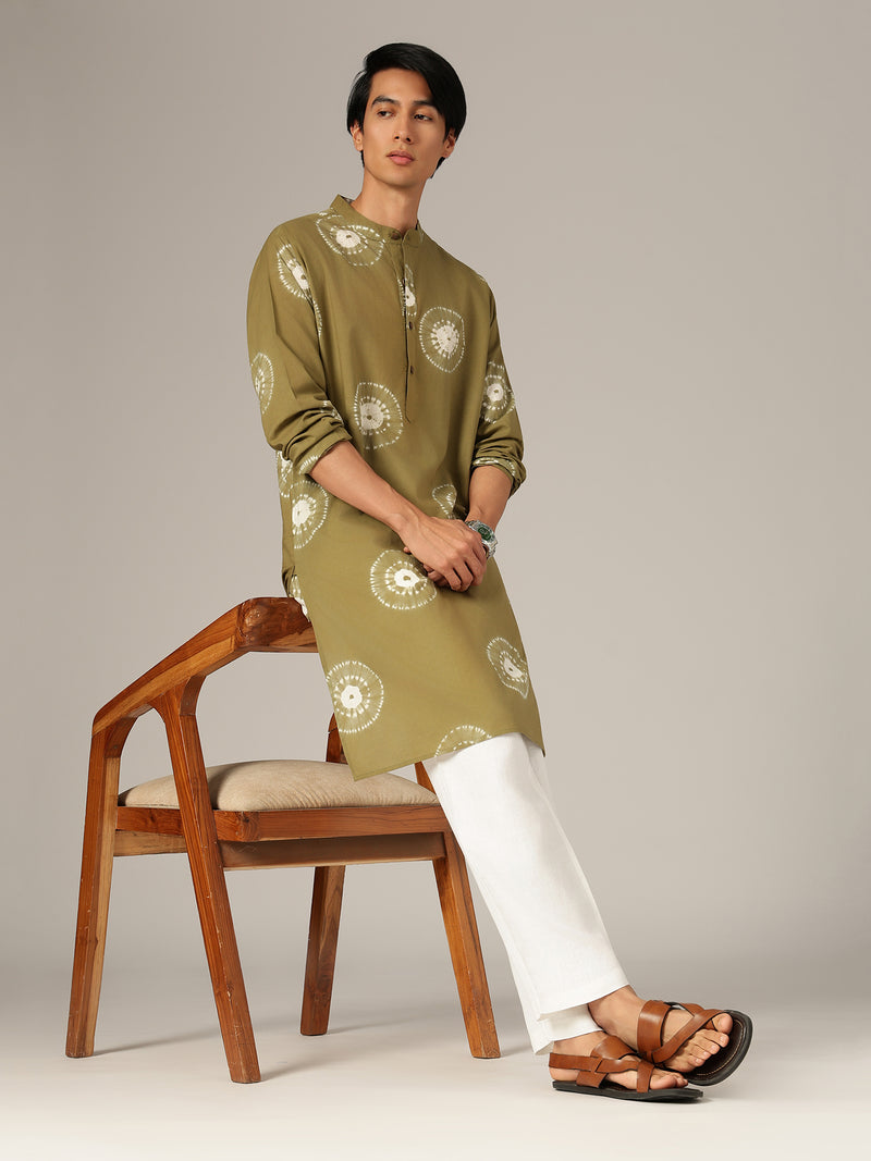 Olive & White: Bandhani Sustainable Mandarin Collar Kurta
