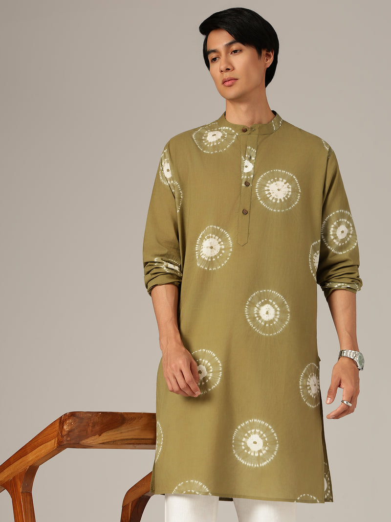 Olive & White: Bandhani Sustainable Mandarin Collar Kurta
