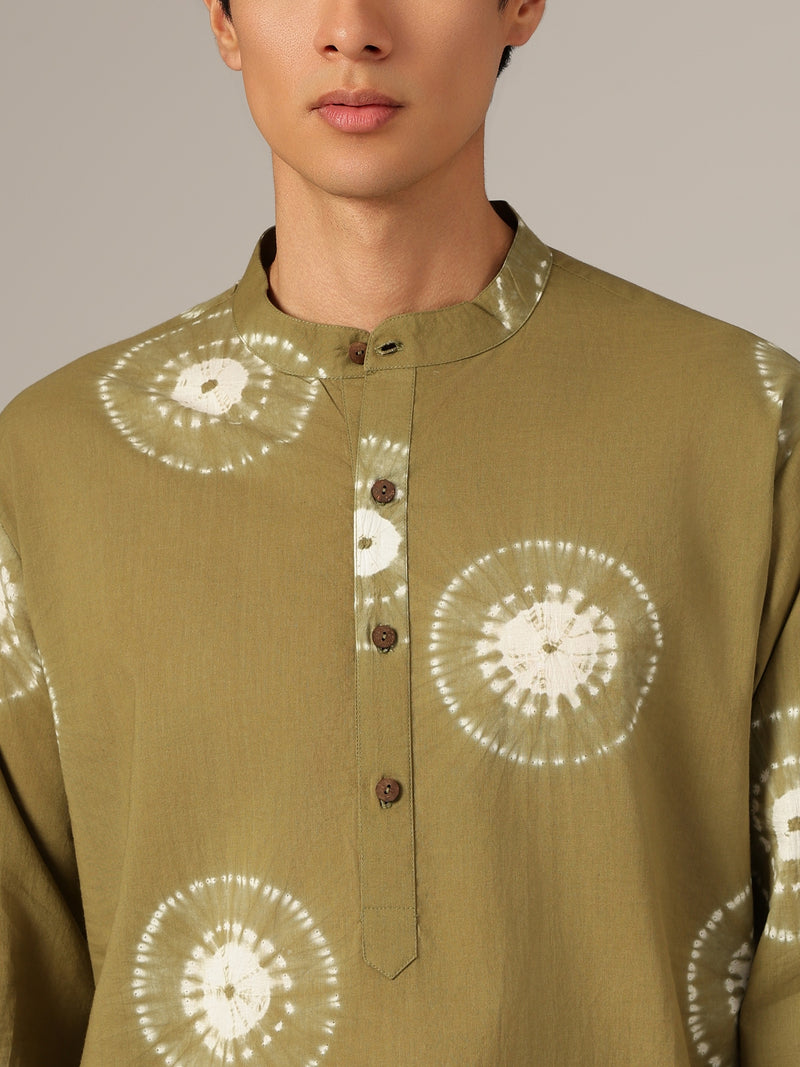 Olive & White: Bandhani Sustainable Mandarin Collar Kurta