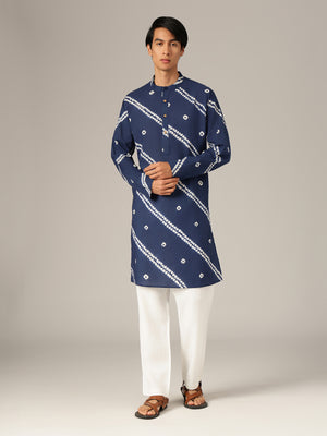Blue Bandhani Mandarin Collar Kurta