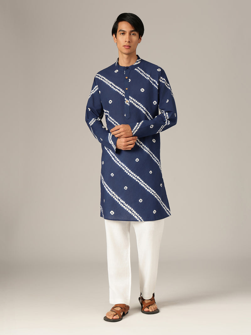 Blue: Bandhani Sustainable Mandarin Collar Kurta