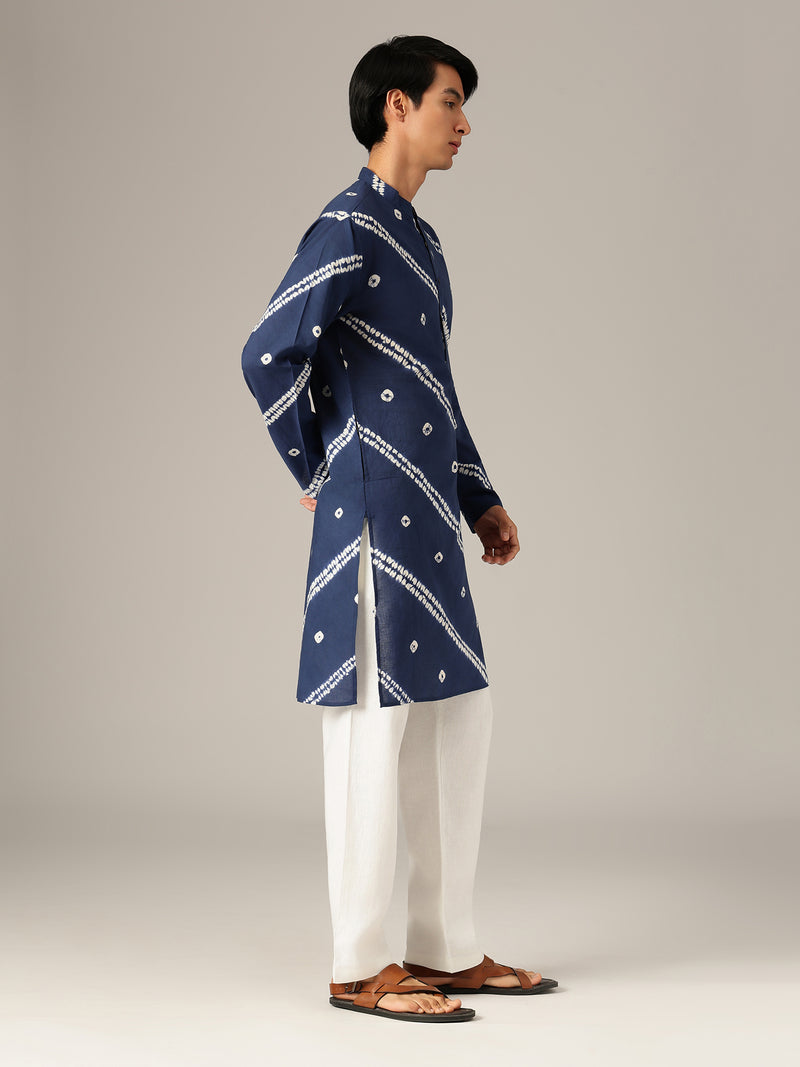 Blue: Bandhani Sustainable Mandarin Collar Kurta