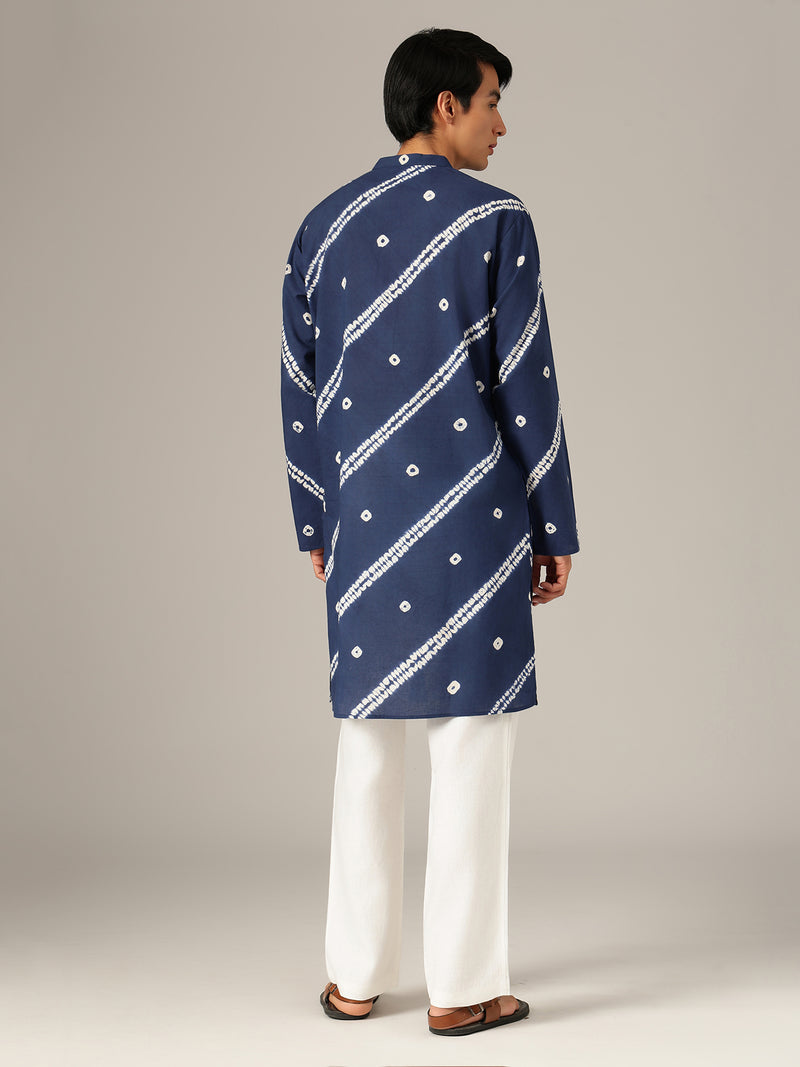 Blue: Bandhani Sustainable Mandarin Collar Kurta