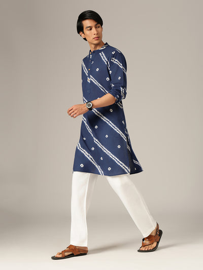Blue: Bandhani Sustainable Mandarin Collar Kurta