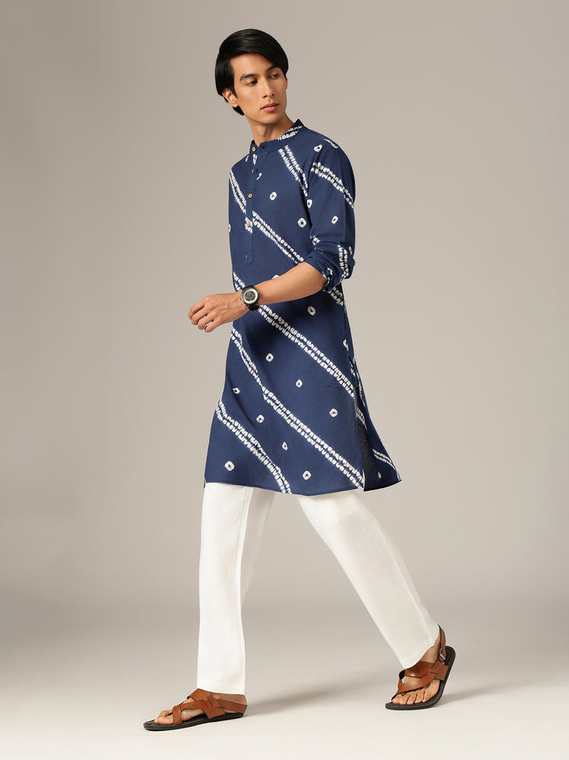 Blue: Bandhani Sustainable Mandarin Collar Kurta