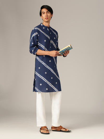 Blue: Bandhani Sustainable Mandarin Collar Kurta