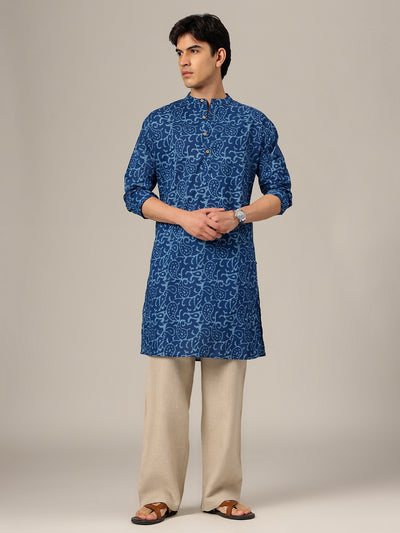 Blue: Abstract Block Printed Mandarin Collar Kurta
