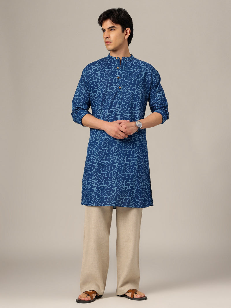 Blue: Abstract Block Printed Mandarin Collar Kurta