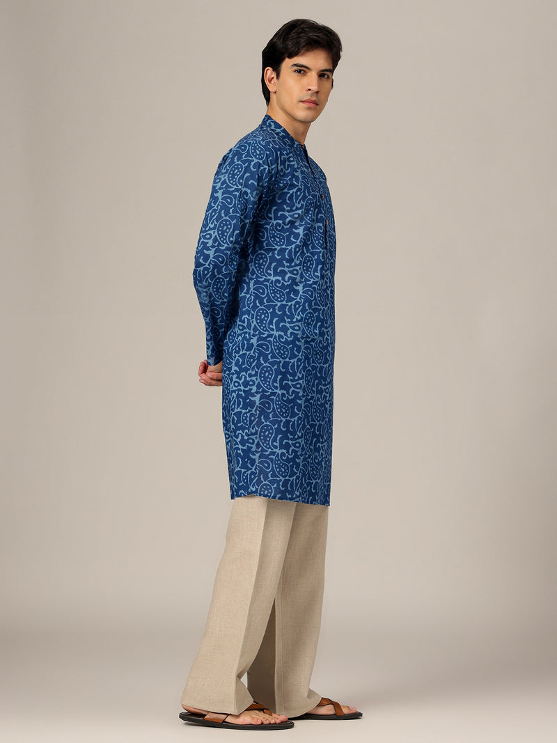 Blue: Abstract Block Printed Mandarin Collar Kurta