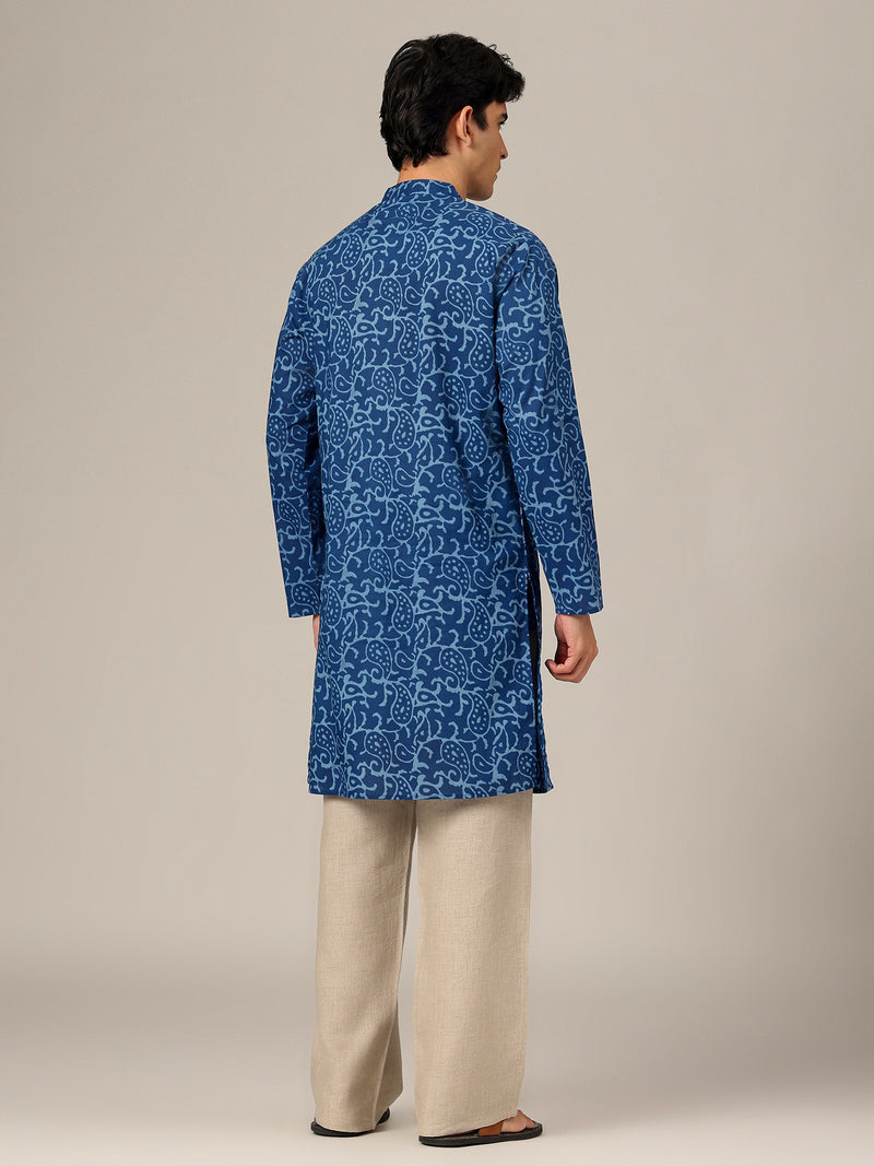 Blue: Abstract Block Printed Mandarin Collar Kurta