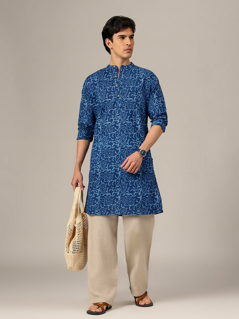 Blue: Abstract Block Printed Mandarin Collar Kurta