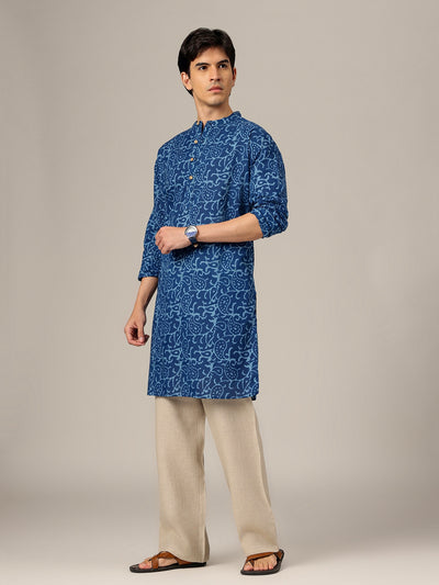 Blue: Abstract Block Printed Mandarin Collar Kurta
