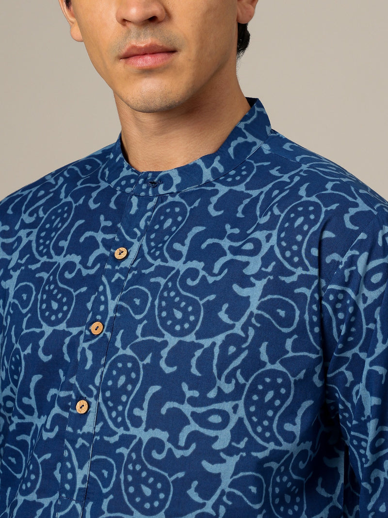Blue: Abstract Block Printed Mandarin Collar Kurta