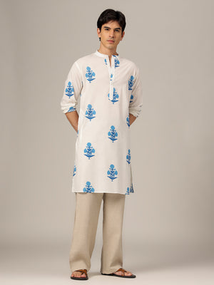 White & Blue: Floral Block Printed Mandarin Collar Kurta