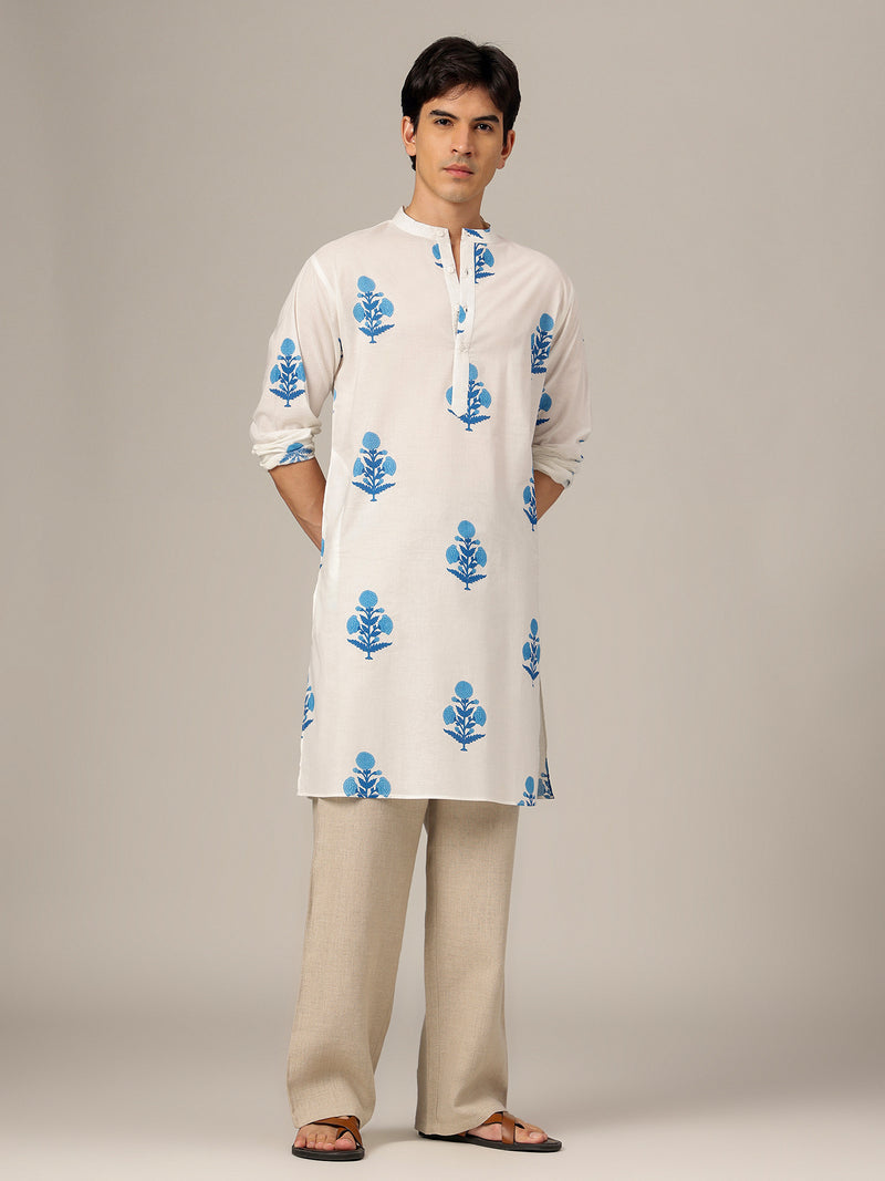 White & Blue: Floral Block Printed Mandarin Collar Kurta