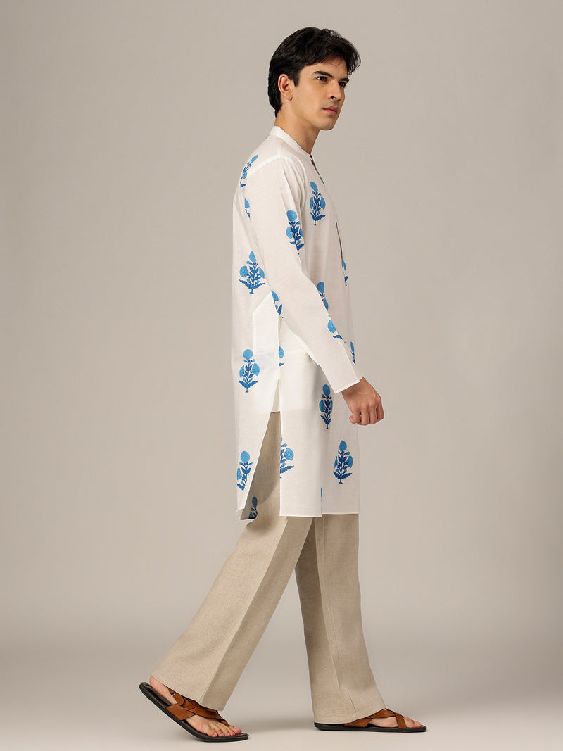 White & Blue: Floral Block Printed Mandarin Collar Kurta