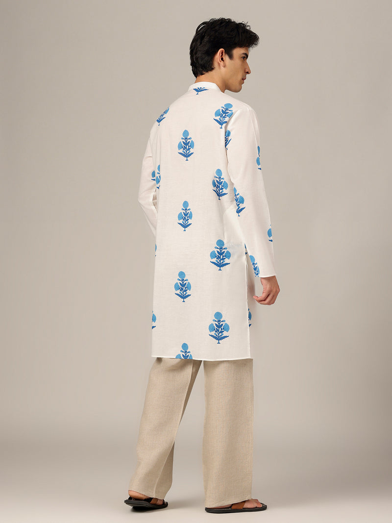 White & Blue: Floral Block Printed Mandarin Collar Kurta