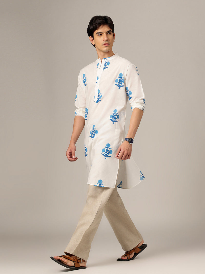 White & Blue: Floral Block Printed Mandarin Collar Kurta