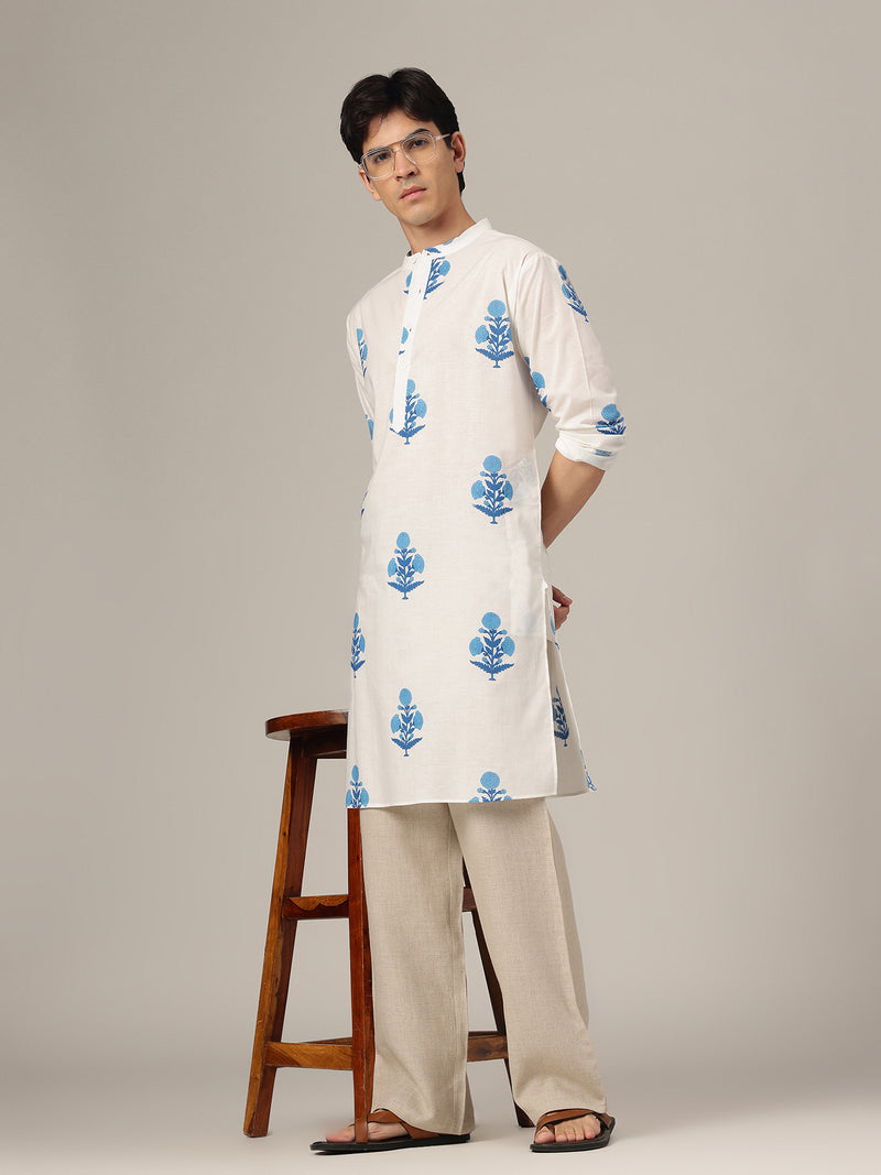 White & Blue: Floral Block Printed Mandarin Collar Kurta