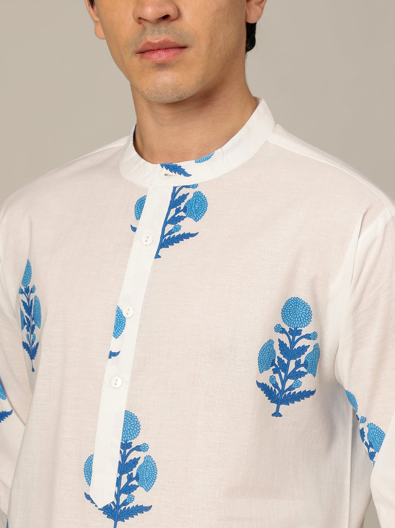 White & Blue: Floral Block Printed Mandarin Collar Kurta