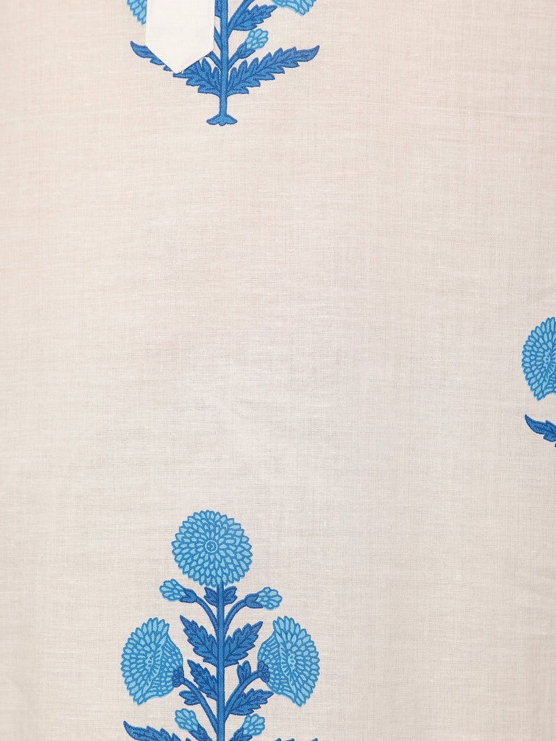 White & Blue: Floral Block Printed Mandarin Collar Kurta