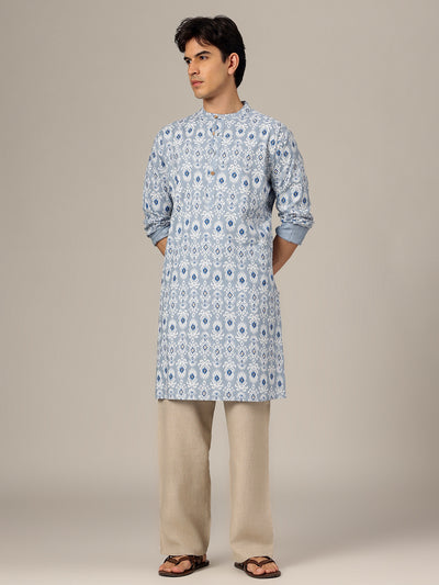 Blue: Ethnic Block Printed Mandarin Collar Kurta