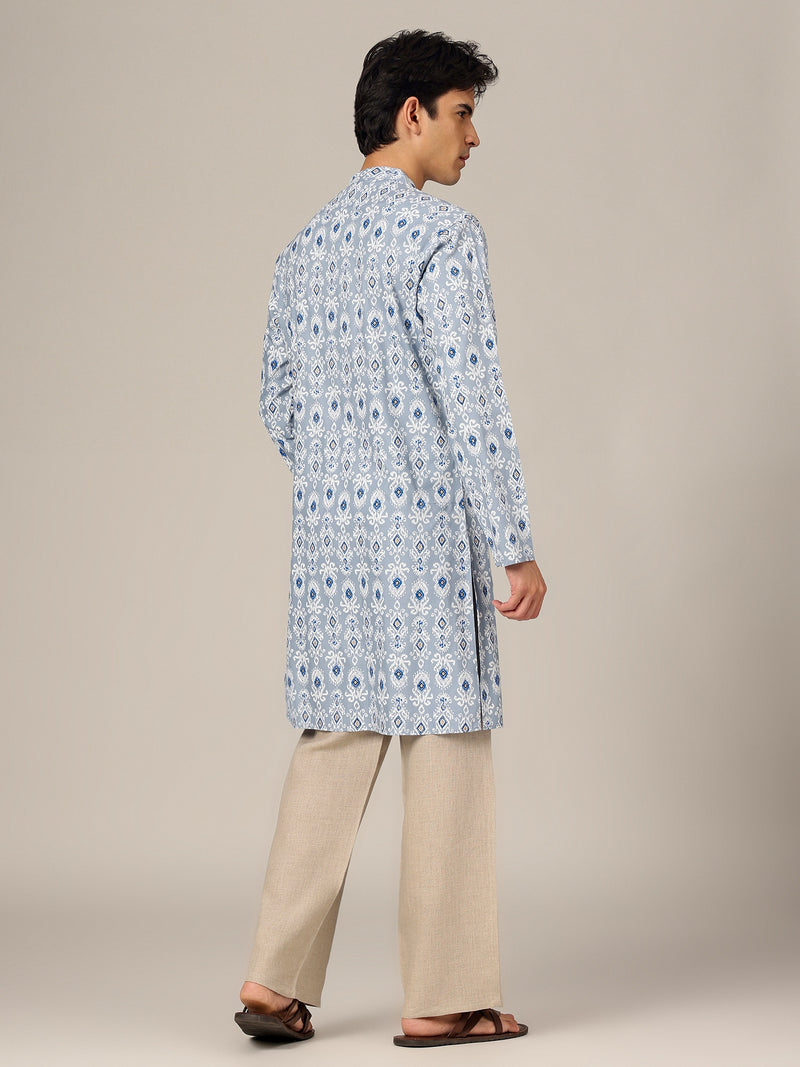 Blue: Ethnic Block Printed Mandarin Collar Kurta