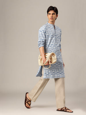 Blue: Ethnic Block Printed Mandarin Collar Kurta