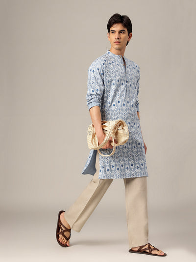 Blue: Ethnic Block Printed Mandarin Collar Kurta
