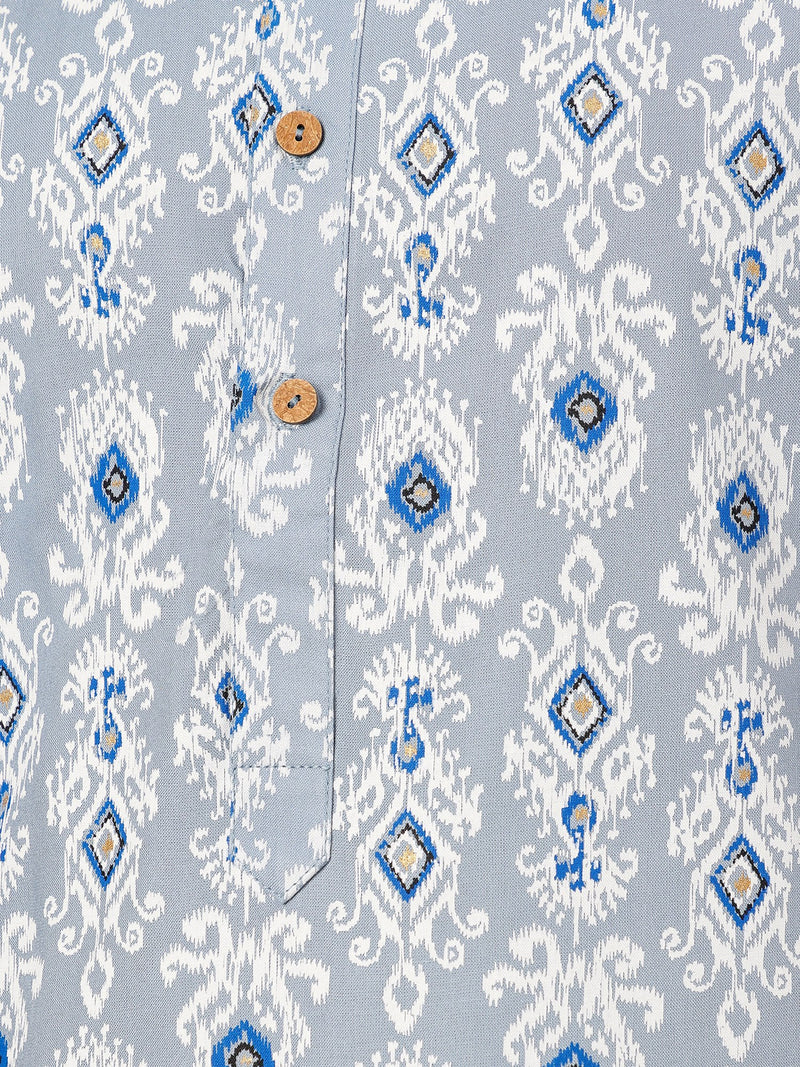 Blue: Ethnic Block Printed Mandarin Collar Kurta