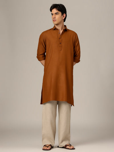 Brown: Self-Design Spread Collar Kurta