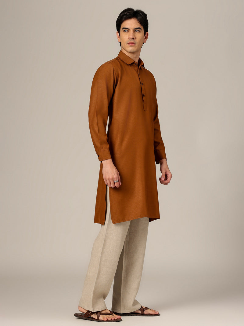 Brown: Self-Design Spread Collar Kurta