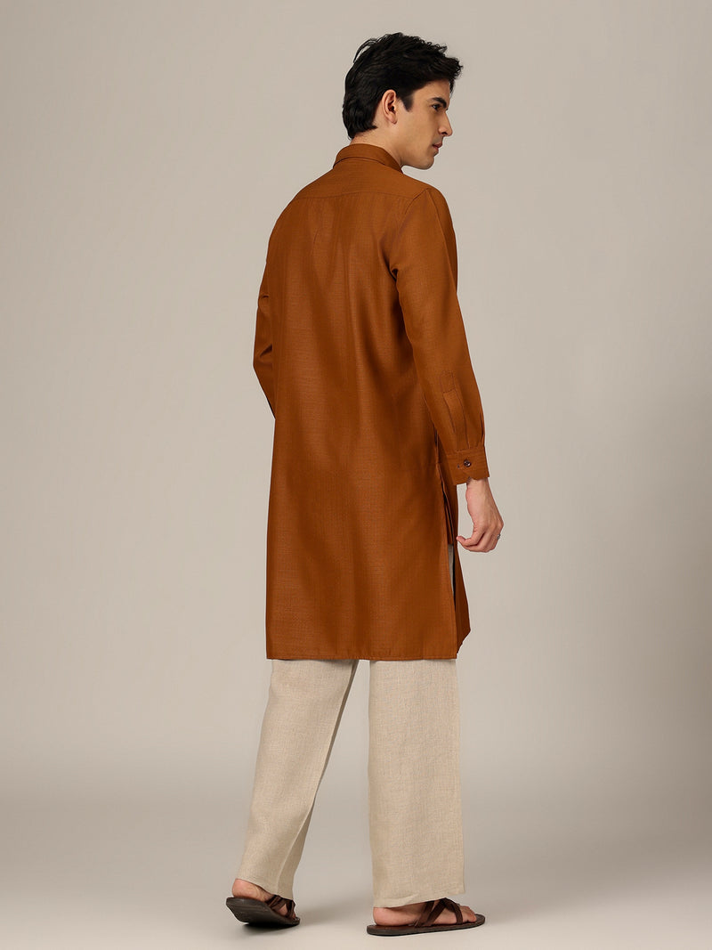 Brown: Self-Design Spread Collar Kurta