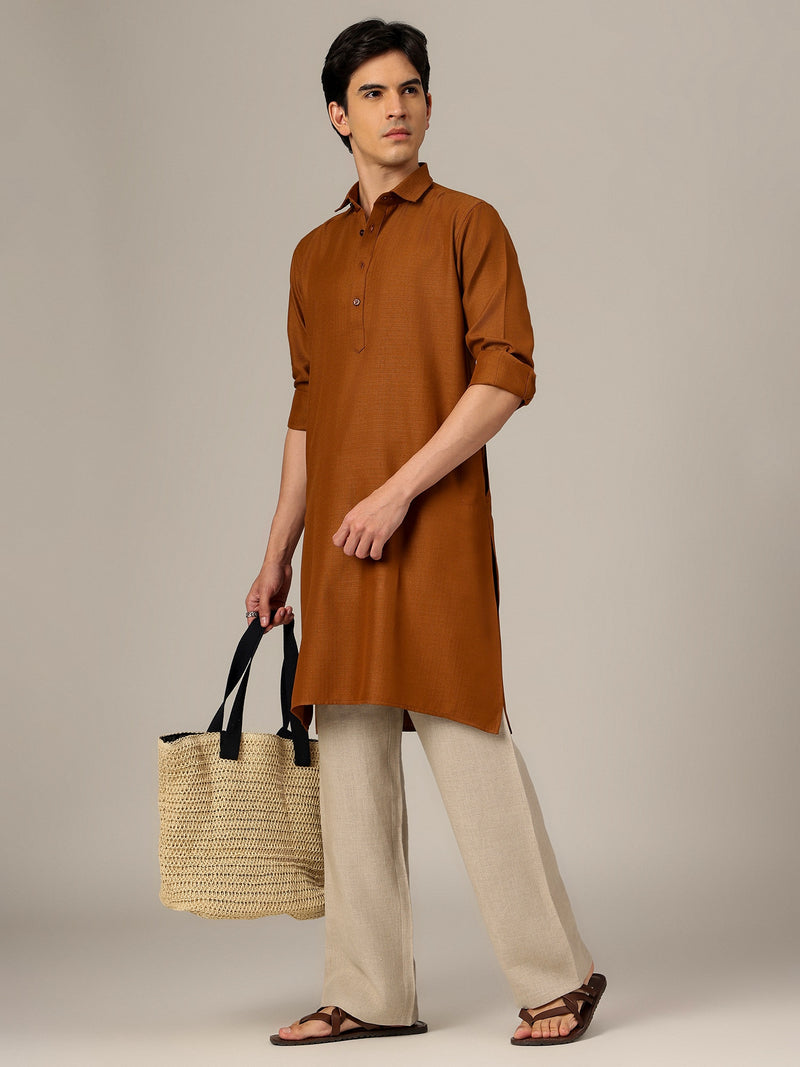 Brown: Self-Design Spread Collar Kurta