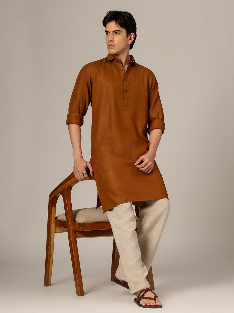 Brown: Self-Design Spread Collar Kurta