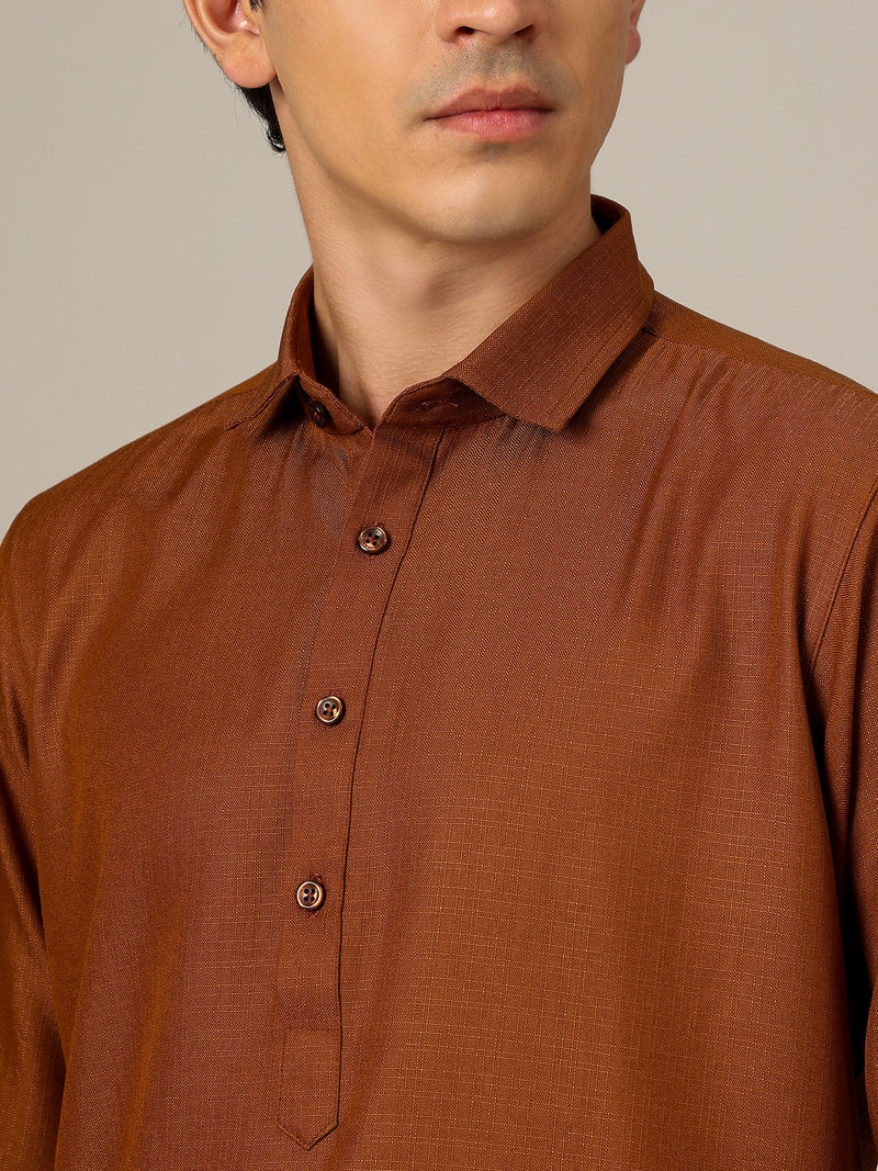 Brown: Self-Design Spread Collar Kurta