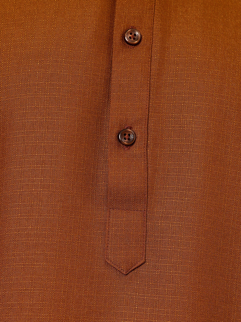 Brown: Self-Design Spread Collar Kurta