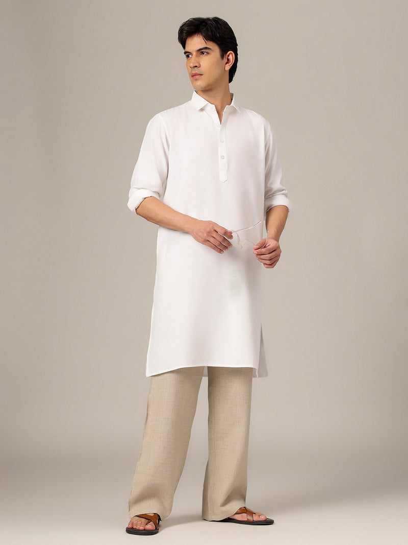White: Self-Design Spread Collar Kurta