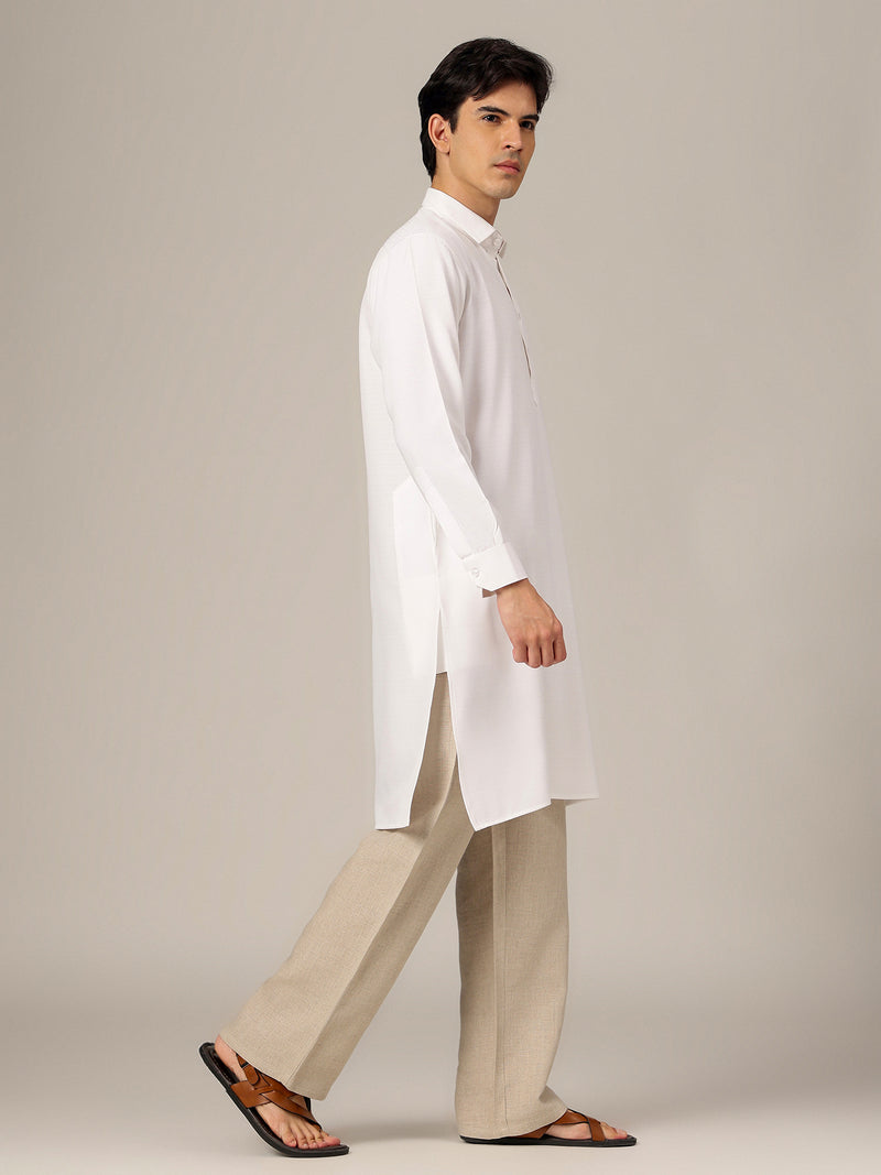 White: Self-Design Spread Collar Kurta