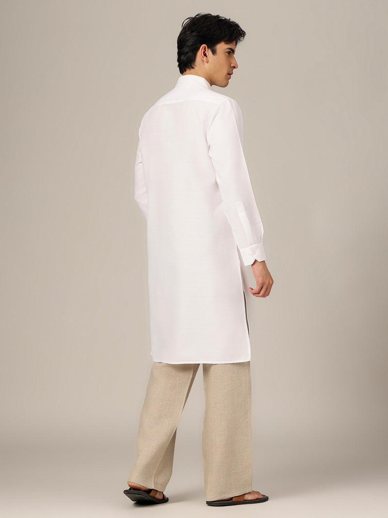 White: Self-Design Spread Collar Kurta
