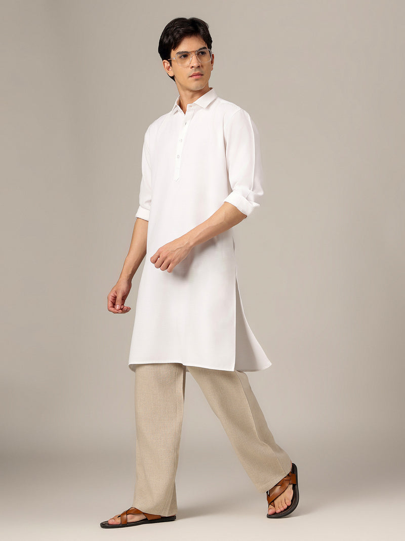 White: Self-Design Spread Collar Kurta