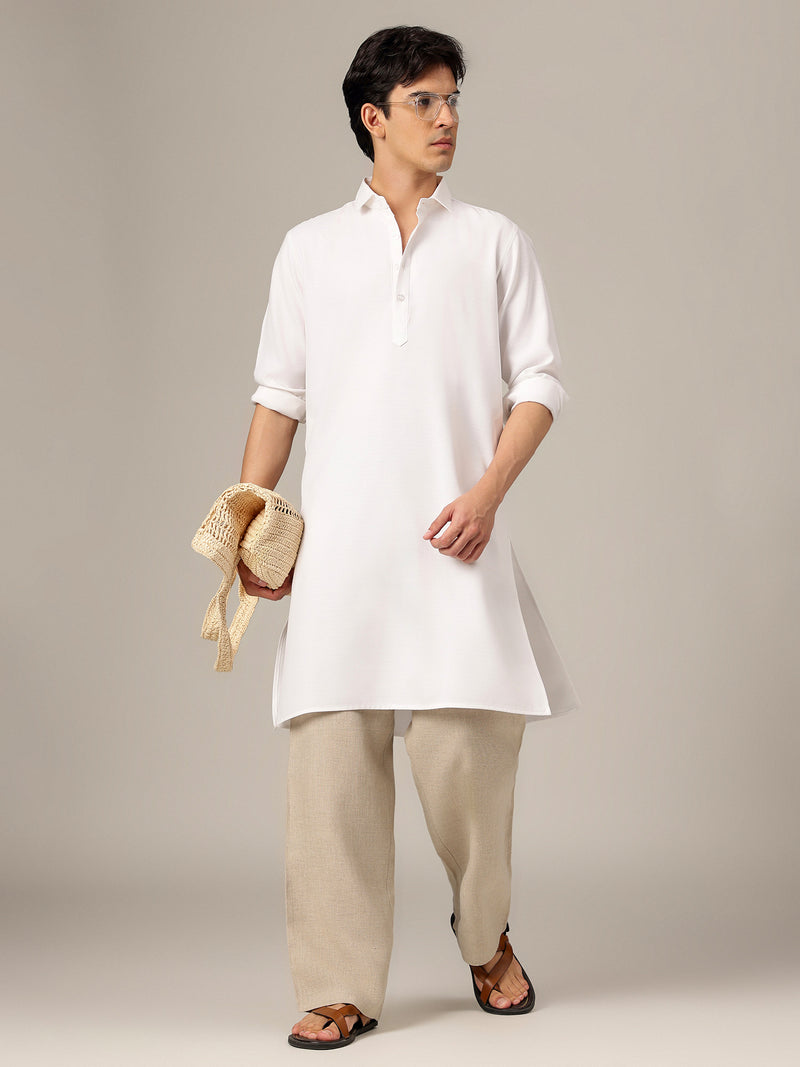 White: Self-Design Spread Collar Kurta